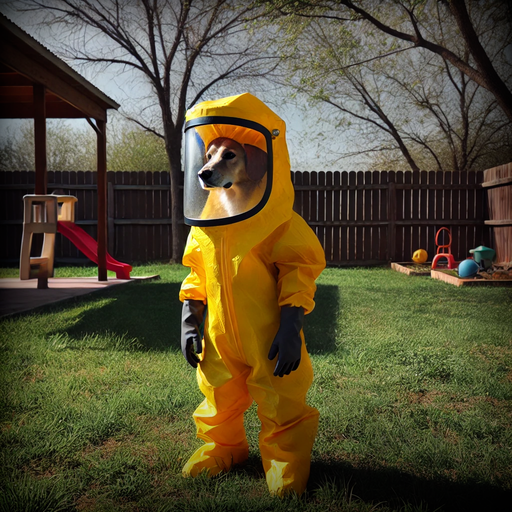 A funny image of a golden retreiver dog in a hazmat suite who is ready to start cleaning the yard and removing pet waste!