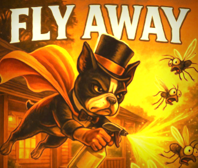 Our mascott sprays away flies using our natural eco-friendly Fly Away blend. The flies are trying to be a pest in someone's home. But, not today!