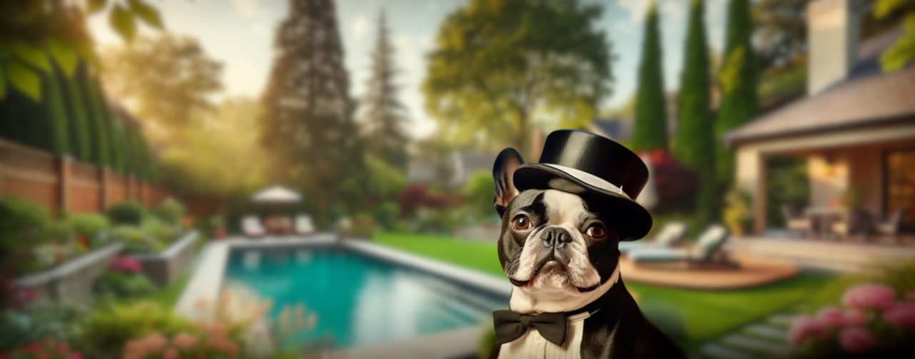 The backyard-butlers mascot which is a english bulldog wearing a tophat and tux.