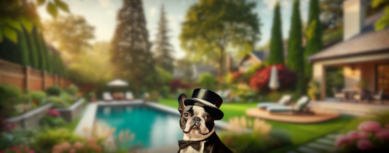 The backyard-butlers mascot which is a english bulldog wearing a tophat and tux.